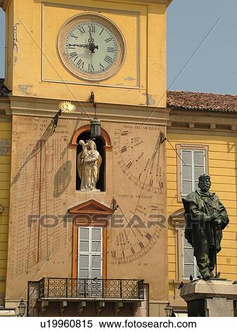 Parma, Emilia-Romagna, Italy, Europe, Statue and giant sundial in the Piazza Garibaldi in the city of Parma. View Large Photo Image Stock Photography - Parma, Emilia-Romagna, Italy, Europe, Statue and giant sundial in the Piazza Garibaldi in the city of Parma.. Fotosearch