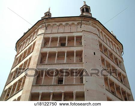 Stock Image -  Parma, Italy, Emilia-Romagna, Europe, The pink marble Baptistry in the city of Parma.. Fotosearch