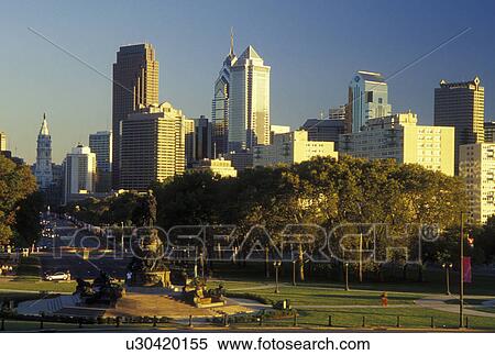 Stock Photography -  Pennsylvania, Philadelphia, PA, Benjamin Franklin Parkway, downtown skyline. Fotosearch