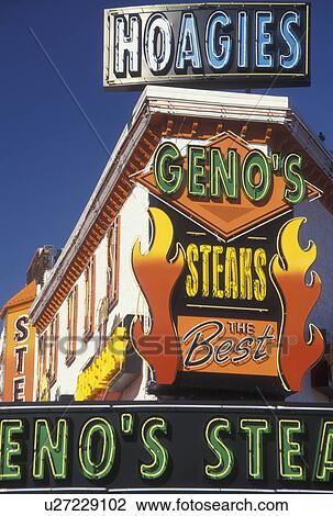 Stock Image -  Pennsylvania, South Philadelphia, PA, Philadelphia, Geno's Steaks, Philly's cheese steaks, hoagies, restaurant. Fotosearch