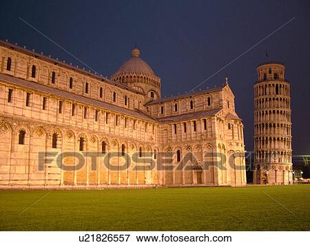 Stock Photo -  Pisa, Tuscany, Italy, Toscana, Europe, The Cathedral and Leaning Tower (Torre Pendente) in Campo dei Miracoli (Field of Miracles) in the evening in the city of Pisa.. Fotosearch