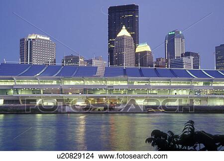 Picture -  Pittsburgh, PA, Pennsylvania, David Lawrence Convention Center, downtown, skyline, Allegheny River, evening. Fotosearch