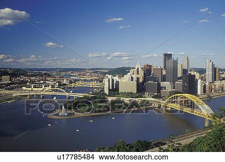 Picture -  Pittsburgh, PA, Pennsylvania, downtown, skyline, aerial, Allegheny River, Monongahela River, Point State Park. Fotosearch