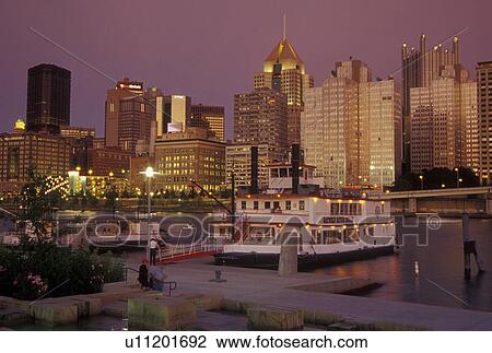 Pittsburgh, PA, Pennsylvania, downtown, skyline, Allegheny River, evening, riverboats, riverfront park View Large Photo Image Stock Image - Pittsburgh, PA, Pennsylvania, downtown, skyline, Allegheny River, evening, riverboats, riverfront park. Fotosearch