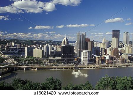 Stock Image -  Pittsburgh, PA, Pennsylvania, downtown, skyline, aerial, Monongahela River. Fotosearch