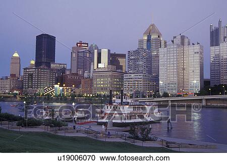 Pittsburgh, PA, Pennsylvania, downtown, skyline, Allegheny River, evening, riverboats, riverfront park View Large Photo Image Stock Image - Pittsburgh, PA, Pennsylvania, downtown, skyline, Allegheny River, evening, riverboats, riverfront park. Fotosearch