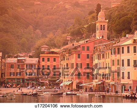 Stock Photograph -  Portofino, Italy, Riviera di Levante, Liguria, Ligurian Riviera, Europe, The waterfront on the harbor of the resort town of Portofino along the Ligurian Sea.. Fotosearch