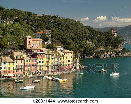 Picture -  Portofino, Liguria, Italy, Riviera di Levante, Ligurian Riviera, Europe, Scenic view of the village of Portofino along the Ligurian Coast.. Fotosearch