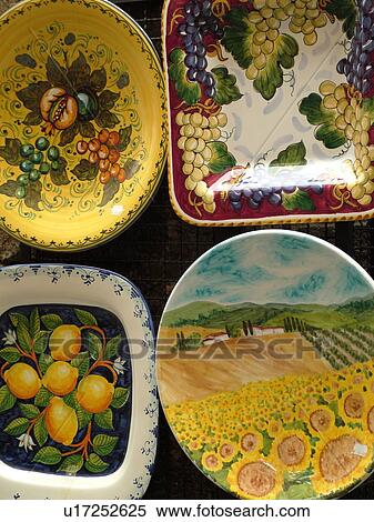 Stock Photography -  pottery, San Gimignano, Italy, Tuscany, Toscana, Europe, Ceramic pottery displayed at a local store in the medieval town of San Gimignano.. Fotosearch