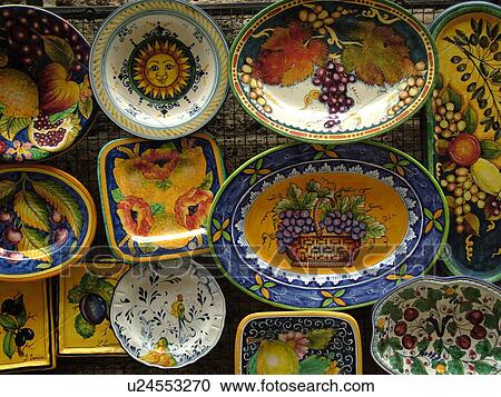 Stock Image -  pottery, San Gimignano, Tuscany, Italy, Toscana, Europe, Ceramic pottery displayed at a local store in the medieval town of San Gimignano.. Fotosearch