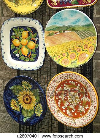 Stock Image -  pottery, Tuscany, Italy, San Gimignano, Toscana, Europe, Ceramic pottery displayed at a local store in the medieval town of San Gimignano.. Fotosearch