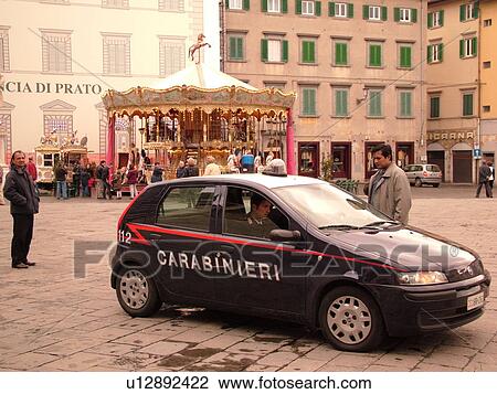 Stock Image -  Prato, Tuscany, Italy, Toscana, Europe, Carabinieri police car inside the Piazza del Duomo in the city of Prato.. Fotosearch