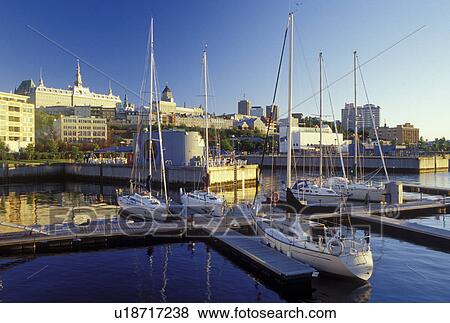 Quebec City, Canada, Quebec, Downtown skyline of Quebec City from the marina in the harbor. View Large Photo Image Stock Photo - Quebec City, Canada, Quebec, Downtown skyline of Quebec City from the marina in the harbor.. Fotosearch