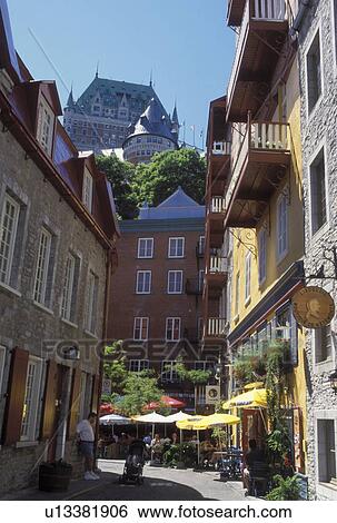 Quebec City, Canada, Quebec, Outdoor cafT and restaurant at Quartier Petit-Champlain in Vieux Quebec (Old Quebec). View Large Photo Image Stock Photograph - Quebec City, Canada, Quebec, Outdoor cafT and restaurant at Quartier Petit-Champlain in Vieux Quebec (Old Quebec).. Fotosearch
