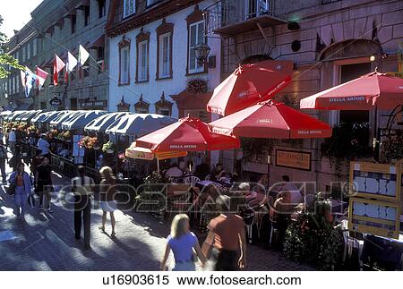 Stock Photography -  Quebec City, Canada, Quebec, Outdoor cafTs and restaurants along Rue Ste. Anne in Old Quebec.. Fotosearch