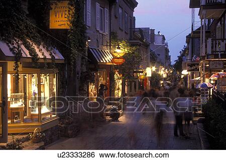 Stock Photograph -  Quebec City, Canada, Quebec, Quartier Petit-Champlain in the evening in Vieux Quebec (Old Quebec).. Fotosearch