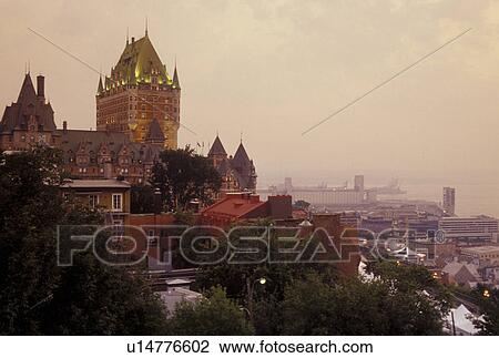 Stock Image -  Quebec City, Canada, Quebec, View of Chateau Frontenac in Vieux Quebec (Old Quebec) in the evening from the Citadel.. Fotosearch