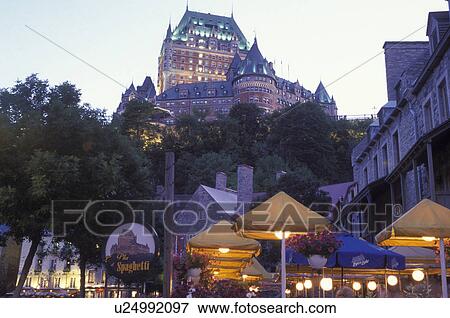 Quebec City, Canada, Quebec, View of Chateau Frontenac from Place Royale in the evening in Vieux Quebec (Old Quebec). View Large Photo Image Stock Photo - Quebec City, Canada, Quebec, View of Chateau Frontenac from Place Royale in the evening in Vieux Quebec (Old Quebec).. Fotosearch