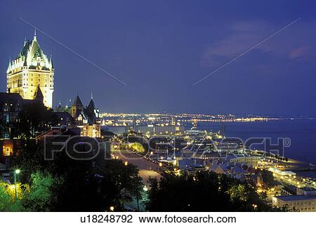 Stock Image -  Quebec City, Quebec, Canada, View of Chateau Frontenac and Vieux Port (Old Port) along the St. Lawrence River (Fleuve Saint-Laurent) in Vieux Quebec (Old Quebec) in the evening from the Citadel.. Fotosearch