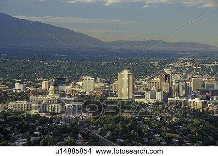 Picture -  Salt Lake City, UT, Utah, Aerial view of downtown skyline of Salt Lake City.. Fotosearch