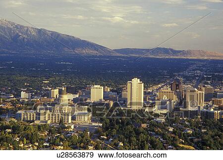 Stock Photo -  Salt Lake City, UT, Utah, Aerial view of downtown skyline of Salt Lake City.. Fotosearch