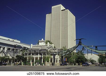 Stock Photography -  Salt Lake City, UT, Utah, downtown, Beehive House, the restored official residence of Brigham Young & Tall Church Office Building. Fotosearch