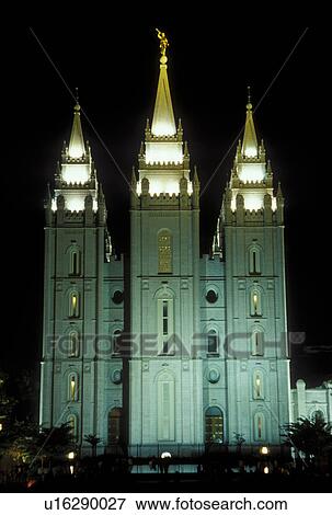 Stock Photo -  Salt Lake City, UT, Utah, Temple Square, Mormon Temple, Salt Lake Temple, evening. Fotosearch