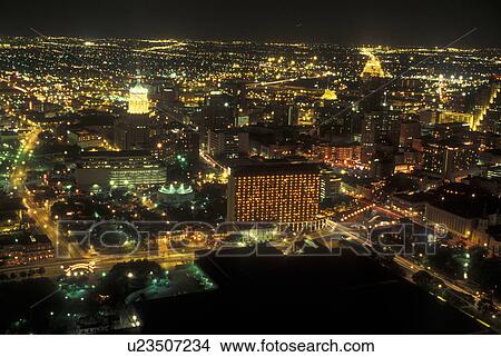 San Antonio, TX, Texas, Aerial view of downtown, evening View Large Photo Image Picture - San Antonio, TX, Texas, Aerial view of downtown, evening. Fotosearch
