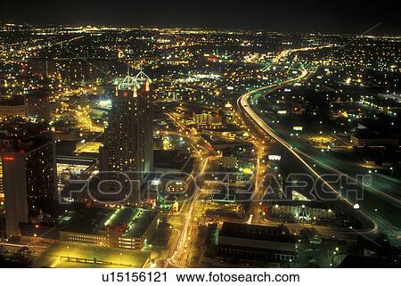 Stock Image -  San Antonio, TX, Texas, Aerial view of downtown, evening. Fotosearch