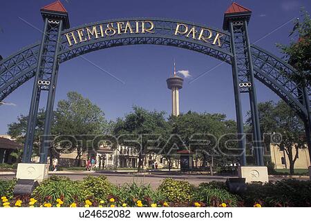 Stock Image -  San Antonio, TX, Texas, Hemisfair Park, site of the San Antonio World's Fair, Tower of the Americas. Fotosearch