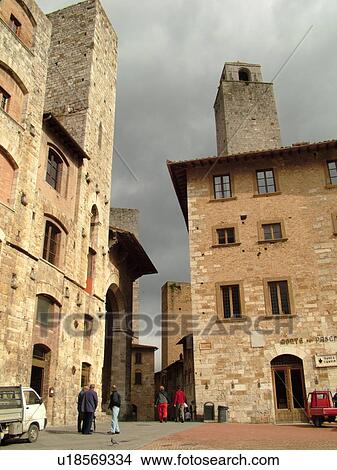 Picture -  San Gimignano, Italy, Tuscany, Toscana, Europe, Piazza della Cisterna in the medieval town of San Gimignano.. Fotosearch