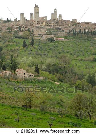 Stock Image -  San Gimignano, Italy, Tuscany, Toscana, Europe, Scenic view of the medieval town of San Gimignano in the Chianti Region.. Fotosearch