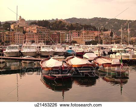 Stock Photograph -  Santa Margherita Ligure, Riviera di Levante, Liguria, Italy, Ligurian Riviera, Europe, Boats docked at the marina in the harbor of the resort town of Santa Margherita Ligure along the Ligurian Sea.. Fotosearch