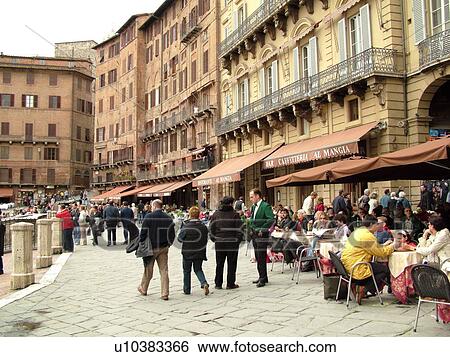 Stock Photograph -  Siena, Tuscany, Italy, Toscana, Europe, Outdoor cafTs in Piazza del Campo in the city of Siena.. Fotosearch