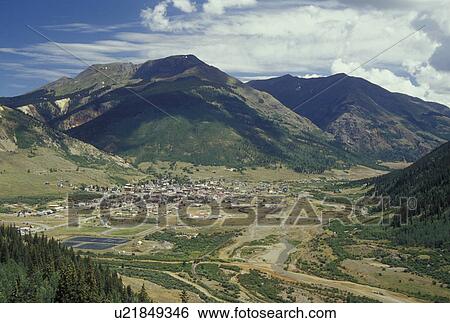 Stock Photograph -  Silverton, CO, Colorado, aerial of the town of Silverton, San Juan National Forest. Fotosearch