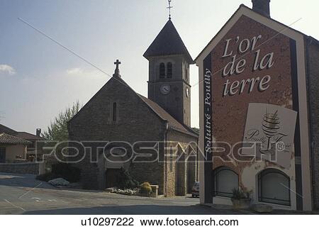 Stock Image -  Solutre, Burgundy, France, Saone-et-Loire, Bourgogne, Europe, Beaujolais Wine Region, Scenic village of Solutre-Pouilly in the Beaujolais Wine Region.. Fotosearch