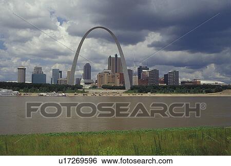 Stock Photograph -  St. Louis, MO, Missouri, skyline, Mississippi River, The Gateway Arch from East St. Louis, Jefferson National Expansion Memorial, Gateway to the West. Fotosearch