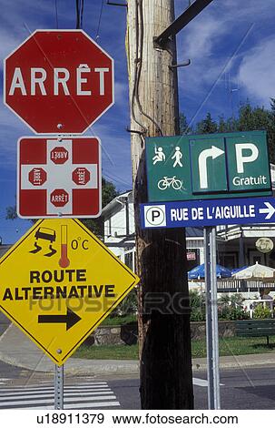 stop sign, Canada, Quebec, Laurentians, Street signs in french in the town of Val David. View Large Photo Image Stock Photo - stop sign, Canada, Quebec, Laurentians, Street signs in french in the town of Val David.. Fotosearch