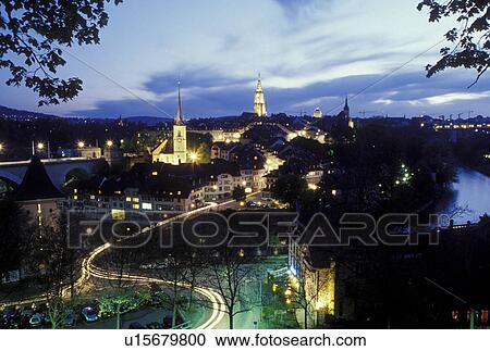 Switzerland, Bern, Berne, Europe, Scenic view of the city of Bern along the Aar River in the evening in the Canton of Bern. View Large Photo Image Stock Image - Switzerland, Bern, Berne, Europe, Scenic view of the city of Bern along the Aar River in the evening in the Canton of Bern. . Fotosearch