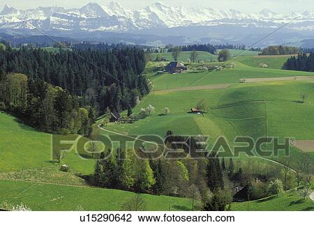 Stock Image -  Switzerland, Emmental, Bern, Affoltern, Europe, Scenic view of the countryside of the Emmental Region and the Alps in the spring in the Canton of Bern. . Fotosearch