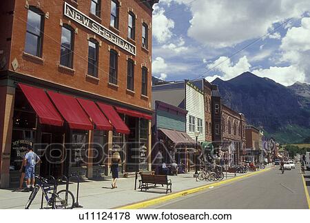 Telluride, CO, Colorado, San Juan National Forest, San Juan Mountains, Downtown Telluride, resort town View Large Photo Image Stock Photo - Telluride, CO, Colorado, San Juan National Forest, San Juan Mountains, Downtown Telluride, resort town. Fotosearch