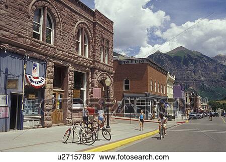 Stock Photo -  Telluride, CO, Colorado, San Juan National Forest, San Juan Mountains, Downtown Telluride, resort town. Fotosearch