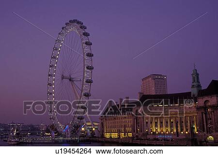 Picture -  The London Eye, London, England, Great Britain, United Kingdom, Europe, British Airways London Eye along the River Thames in the evening. . Fotosearch