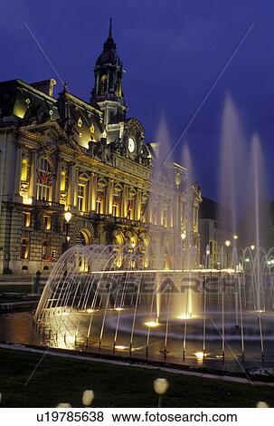 Stock Photo -  Tours, France, Indre-et-Loire, Loire Valley, Loire Castle Region, Centre, Europe, City Hall in the city of Tours in the evening.. Fotosearch