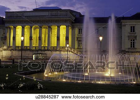 Stock Photo -  Tours, France, Indre-et-Loire, Loire Valley, Loire Castle Region, Centre, Europe, Palais de Justice in the city of Tours in the evening.. Fotosearch