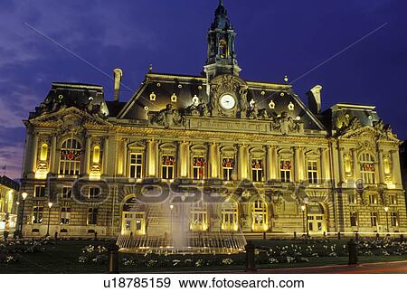 Stock Photo -  Tours, France, Loire Valley, Loire Castle Region, Indre-et-Loire, Centre, Europe, City Hall in the city of Tours in the evening.. Fotosearch
