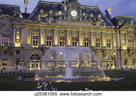Stock Photography -  Tours, Loire Valley, Loire Castle Region, France, Indre-et-Loire, Centre, Europe, City Hall in the city of Tours in the evening.. Fotosearch