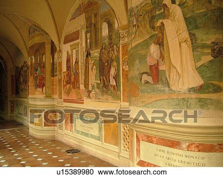Stock Image -  Tuscany, Italy, Buonconvento, Monte Oliveto Maggiore, Toscana, Europe, Frescoes inside the arcade of the Abbazia di Monte Oliveto Maggiore.. Fotosearch