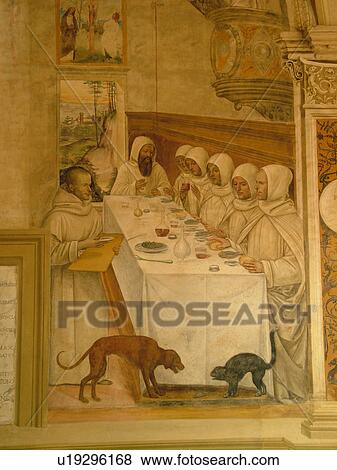 Stock Photo -  Tuscany, Italy, Buonconvento, Monte Oliveto Maggiore, Toscana, Europe, Frescoes inside the Abbazia di Monte Oliveto Maggiore.. Fotosearch