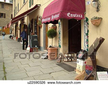 Stock Photograph -  Tuscany, Italy, Montalcino, Toscana, Europe, Wine tasting shops in the town of Montalcino.. Fotosearch